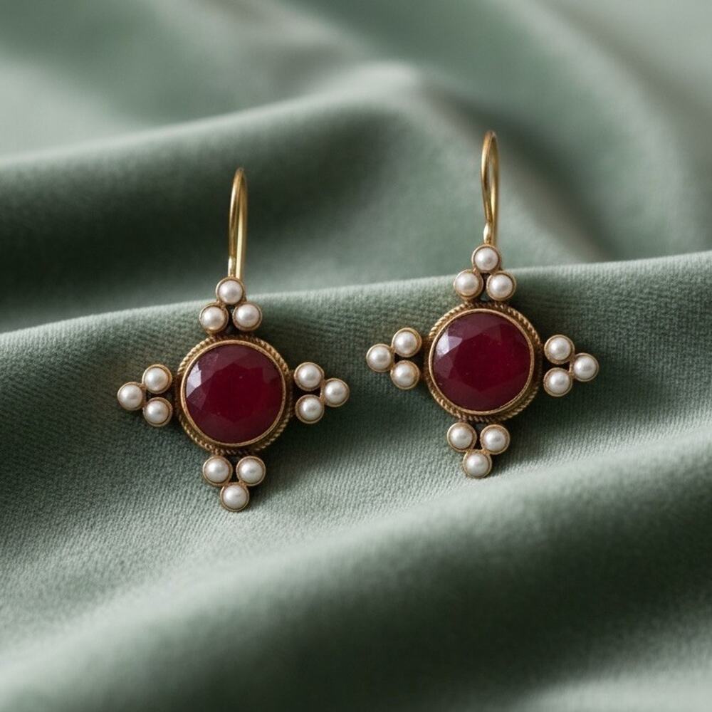 Museum Cross Flower Earrings Red Pearl Gold Cameo Boho Geometric Court VTG 14k
